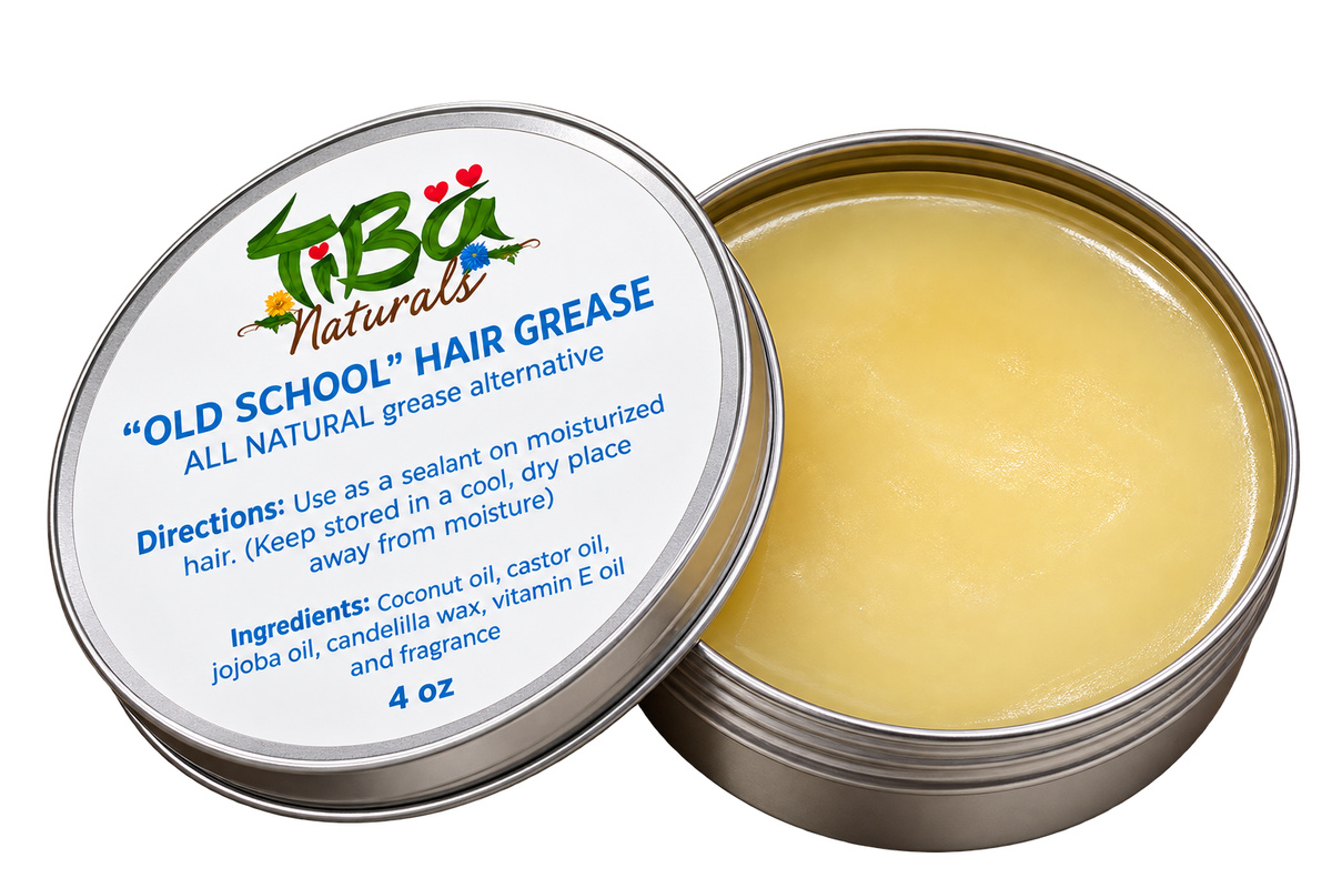 TiBa Naturals Old School Hair Grease 4 oz open tin with labeled lid