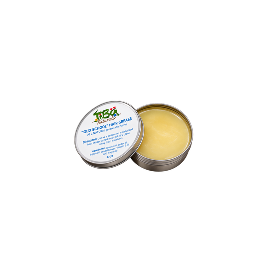TiBa Naturals Old School Hair Grease 4 oz open tin with labeled lid