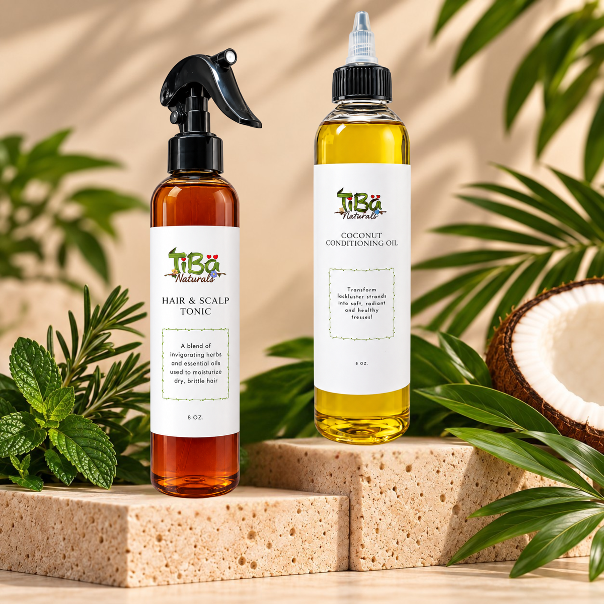 TiBa Naturals Moisture Duo featuring 8 oz Hair & Scalp Tonic and Coconut Conditioning Oil on botanical stone pedestals.