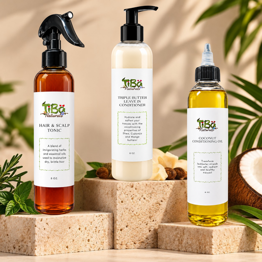 TiBa Naturals LOC/LCO Moisture Trio featuring Hair & Scalp Tonic, Triple Butter Leave-In Conditioner, and Coconut Conditioning Oil, all 8 oz, on stone pedestals.